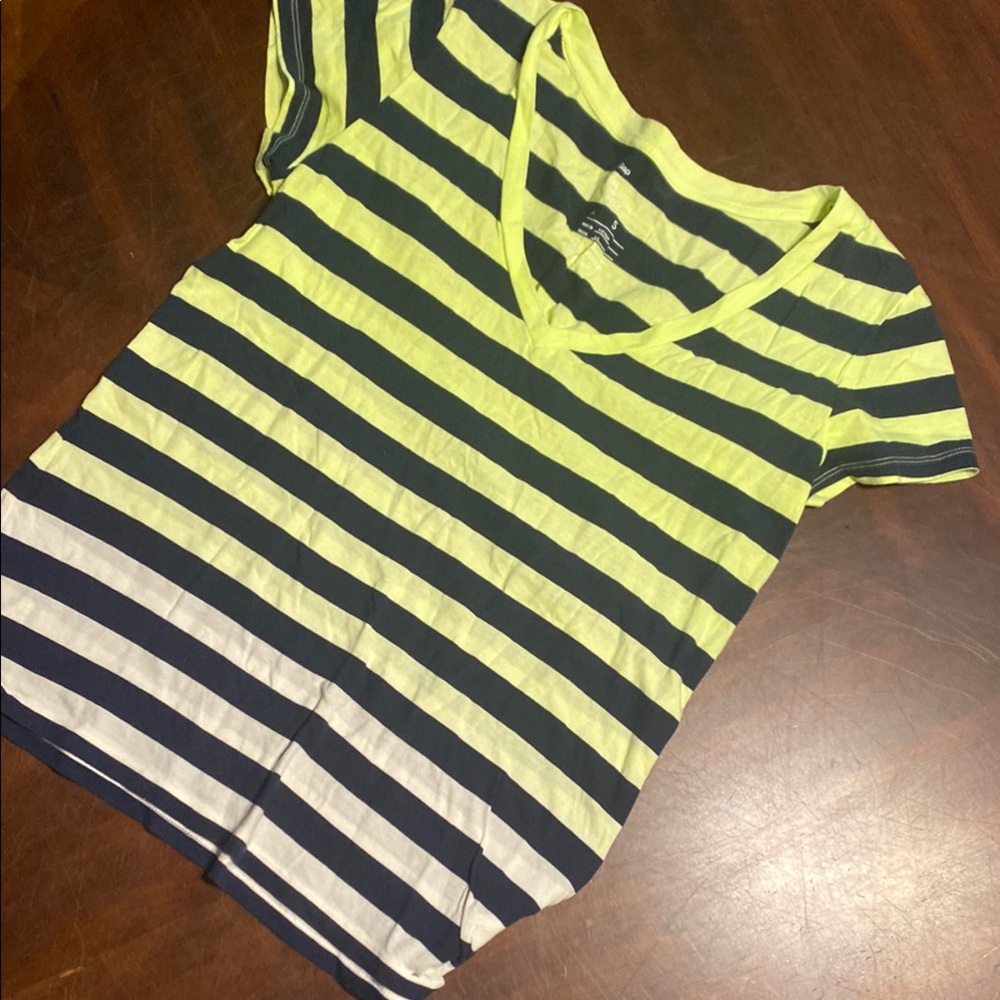 GAP Neon Yellow and Navy Striped V-Neck Short Sleeve Tee
